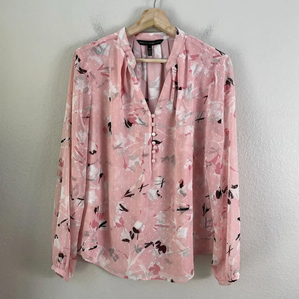 White House Black Market Womens 14‎ Petite Floral Blouse Long Sleeve V Neck Pink